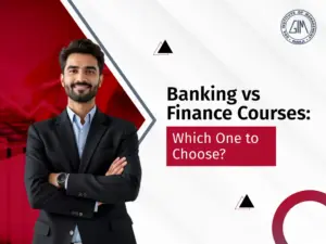 Professional man in a dark suit with arms crossed beside the headline: 'Banking vs Finance Courses: Which One to Choose?' on a white background with red accents.