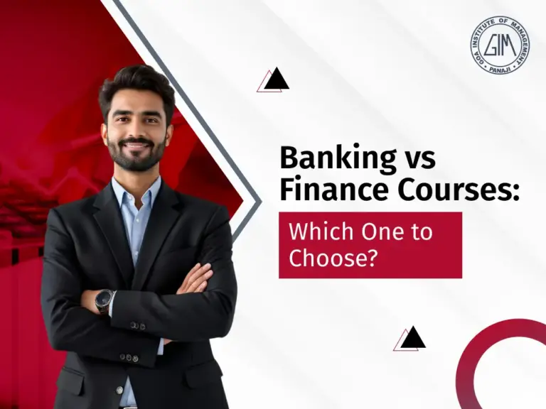 Professional man in a dark suit with arms crossed beside the headline: 'Banking vs Finance Courses: Which One to Choose?' on a white background with red accents.
