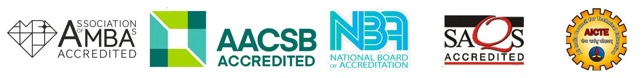 Logos of AMBA accreditation held by Goa Institute of Management (GIM Goa), AACSB, Goa Institute of Management NBA accredited management programs, SAQS, and AICTE